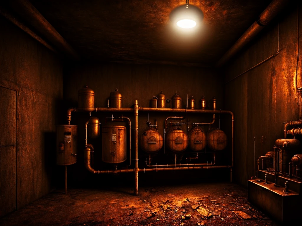 horror creepy boiler room, no lights, hyper realistic, horror, dark background, dark atmosphere, horror lighting, detailed, cinematic lighting