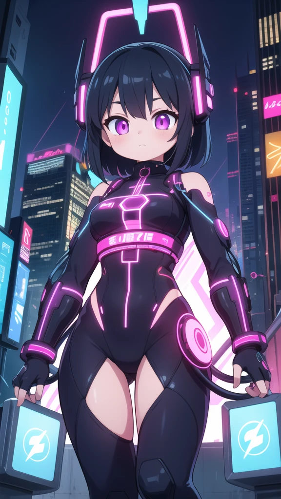 masterpiece, best quality, ultra detailed, anime style, Within a high-tech city, a cute girl commands electricity, sparks cascading along her fingertips. Her cyberpunk-inspired outfit, with circuit-like patterns, resonates with the neon-lit surroundings as she harnesses the energy of the urban landscape