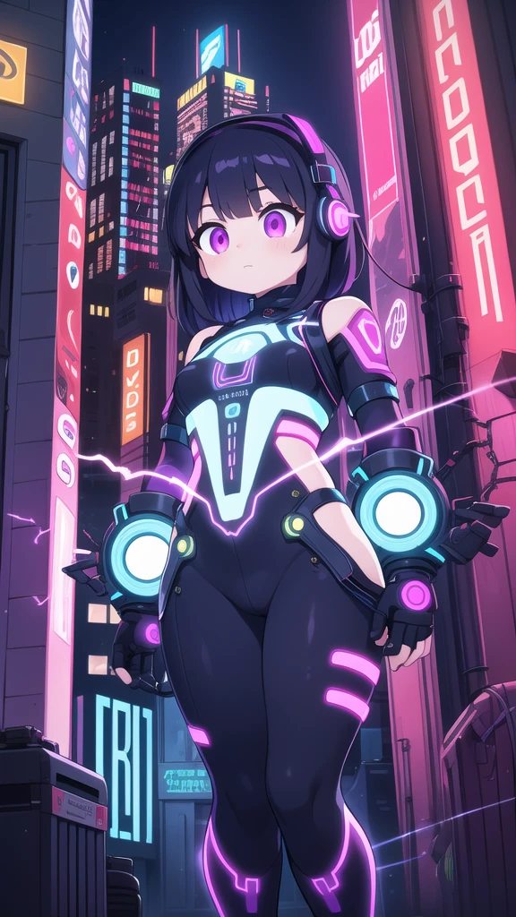 masterpiece, best quality, ultra detailed, anime style, Within a high-tech city, a cute girl commands electricity, sparks cascading along her fingertips. Her cyberpunk-inspired outfit, with circuit-like patterns, resonates with the neon-lit surroundings as she harnesses the energy of the urban landscape