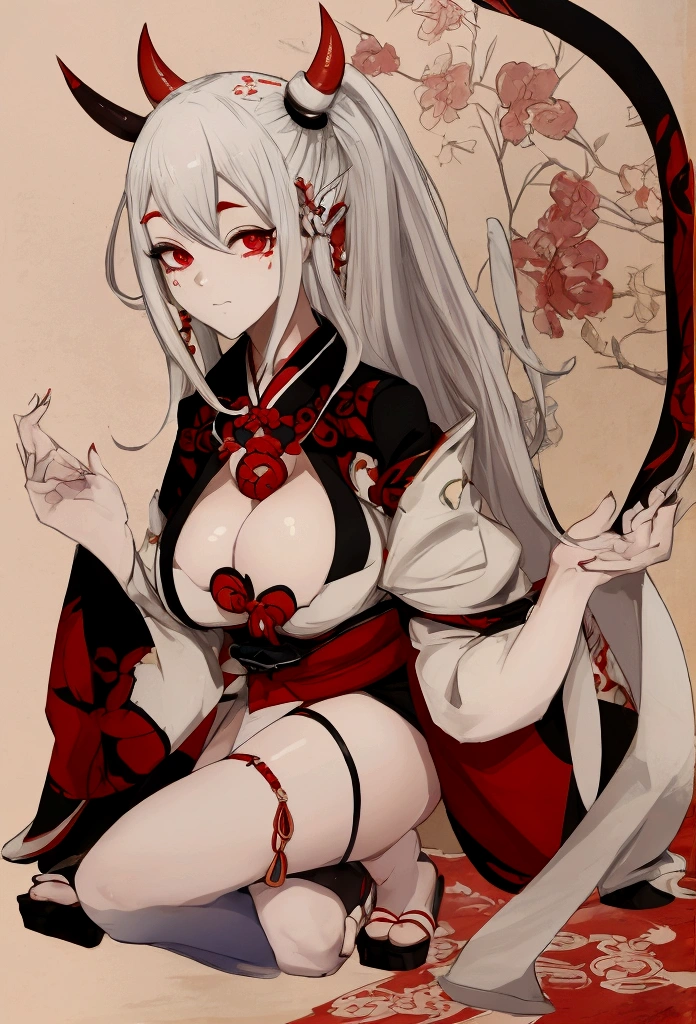 oni girl, huge breasts, kimono, white stockings, pokkuri sandals, white hair, red eyes, 