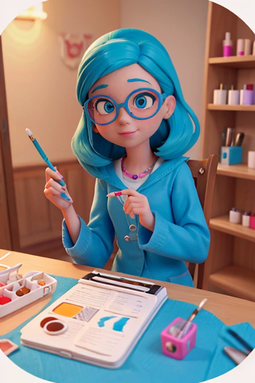 Crie uma imagem no estilo Disney Pixar de duas mulheres ,a manicurist in a beauty salon with shelves with nail polish and a table with nail supplies,she wears glasses, tem o cabelo curto cor azul claro ,olhos fundo e rosto redondo,usa uma bata de manicure , he is painting the nail of a client who is sitting next to him