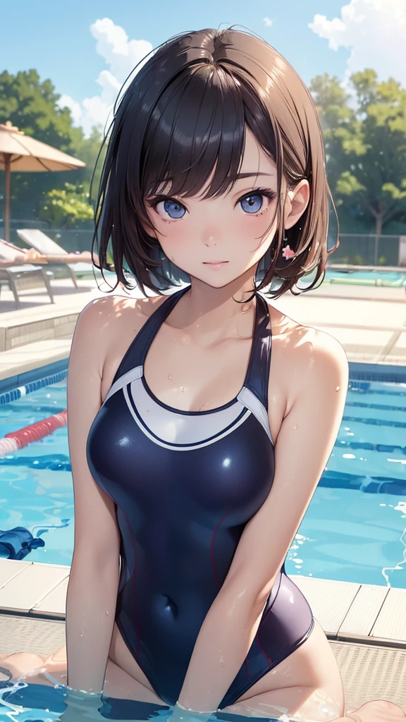 (((masterpiece))),(((High resolution))), (((perfect face)))、(((Japan beauty)))、, (((swimsuit))), ((top quality eyes)), detailed texture, ((high resolution face)), (at the swimming pool)