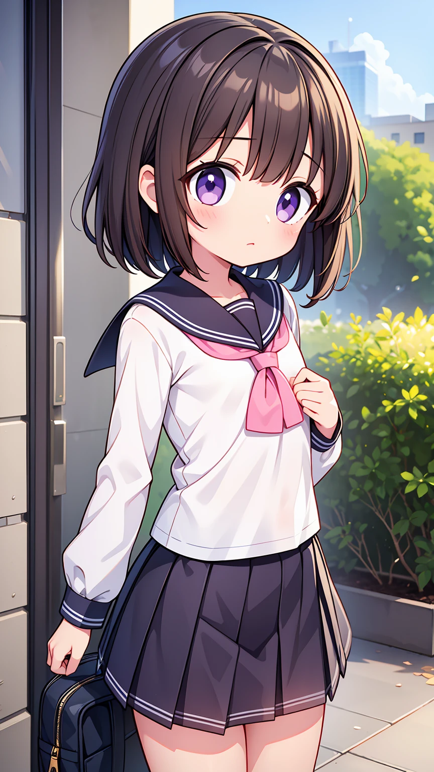 (High quality), (masterpiece), (very detailed), girl, (flat chest:1.6), short brown hair, purple eyes, shy face, primary school girl, white blouse, black skirt with pleats, (loli), showing her thighs, on the school yard, sunny, school girl, (sailor uniform), confessing his love towards the viewer, spectator looked under her, adorable eyes, (school uniform)