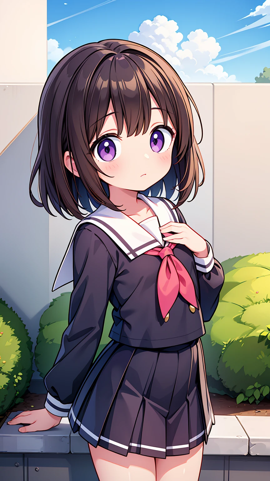 (High quality), (masterpiece), (very detailed), girl, (flat chest:1.6), short brown hair, purple eyes, shy face, primary  girl, white blouse, black skirt with pleats, (loli), showing her thighs, on the school yard, sunny, school girl, (sailor uniform), confessing his love towards the viewer, spectator looked under her, adorable eyes, (school uniform)