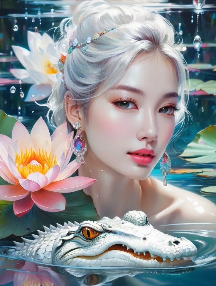 a pretty women, white crocodile, lake, lotus, Colorful colors, surrounded by water bubbles, in the style of Kawacy, Masterpiece, Oil painting drawn in realis style, head close - up, exaggerated perspective, Tyndall effect, water drops, mother - of - pearl iridescence, Holographic white,