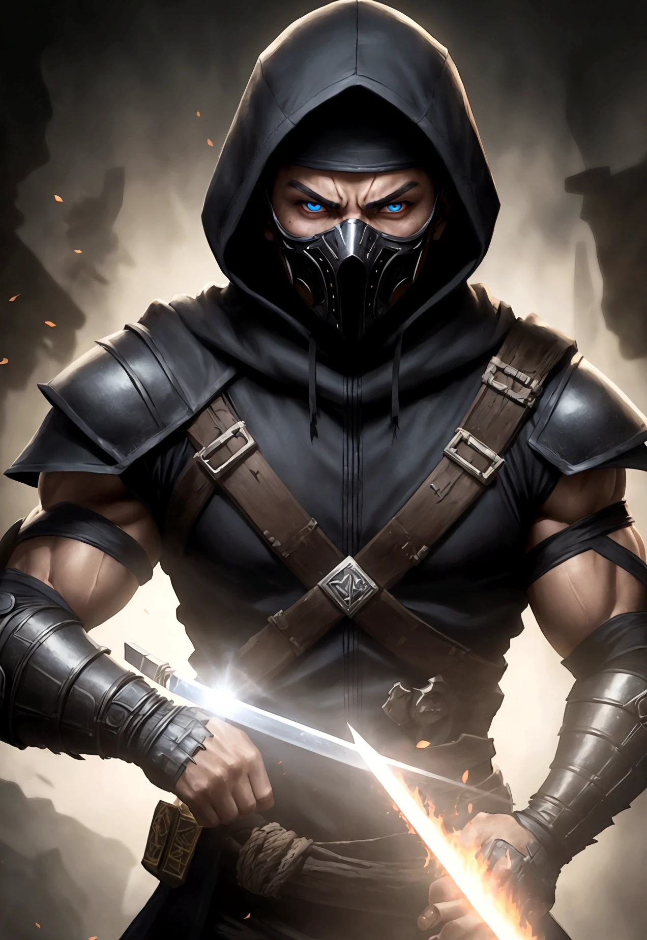 cinematic film still of Mortal Kombat style, fictional universe consisting of numerous realms, a man with half side and half side,a mix between sub-zero and scorpion,with fire and ice,white eyes,ninja costume,closeup,staring at camera,looking at viewer,blue eyes,1boy,weapon,male focus,multiple boys,sword,hood,2boys,gun,mask,glowing,katana,portrait,glowing eyes,hood up , Live-action, white sclera eyes, muscular, fitness, fighters, Action-adventure, brutal and gruesome, Mortal Kombat style, mk style, shallow depth of field, vignette, highly detailed, high budget, bokeh, cinemascope, moody, epic, gorgeous, film grain, grainy