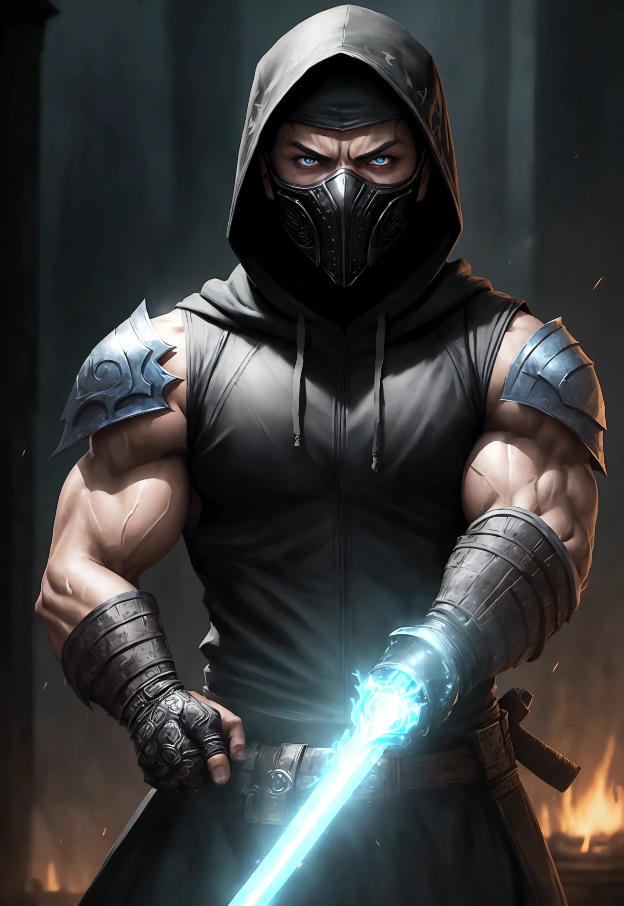 cinematic film still of Mortal Kombat style, fictional universe consisting of numerous realms, a man with half side and half side,a mix between sub-zero and scorpion,with fire and ice,white eyes,ninja costume,closeup,staring at camera,looking at viewer,blue eyes,1boy,weapon,male focus,multiple boys,sword,hood,2boys,gun,mask,glowing,katana,portrait,glowing eyes,hood up , Live-action, white sclera eyes, muscular, fitness, fighters, Action-adventure, brutal and gruesome, Mortal Kombat style, mk style, shallow depth of field, vignette, highly detailed, high budget, bokeh, cinemascope, moody, epic, gorgeous, film grain, grainy