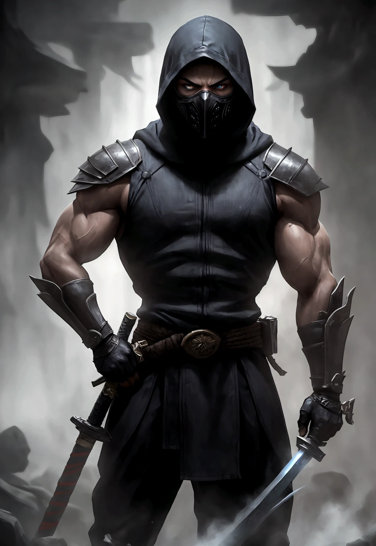 cinematic film still of Mortal Kombat style, fictional universe consisting of numerous realms, a man with half side and half side,a mix between sub-zero and scorpion,with fire and ice,white eyes,ninja costume,closeup,staring at camera,looking at viewer,blue eyes,1boy,weapon,male focus,multiple boys,sword,hood,2boys,gun,mask,glowing,katana,portrait,glowing eyes,hood up , Live-action, white sclera eyes, muscular, fitness, fighters, Action-adventure, brutal and gruesome, Mortal Kombat style, mk style, shallow depth of field, vignette, highly detailed, high budget, bokeh, cinemascope, moody, epic, gorgeous, film grain, grainy