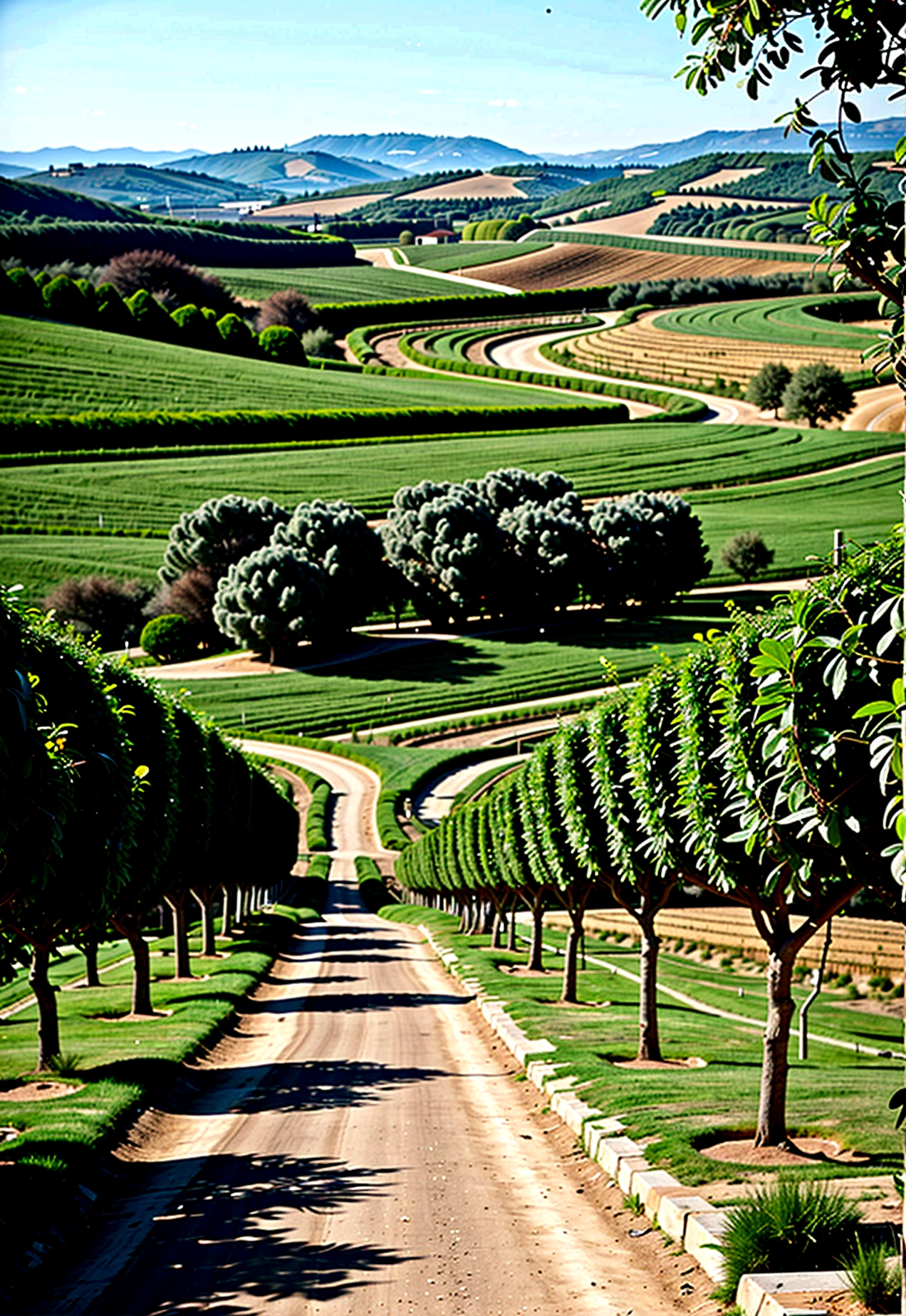 grey and white only, Book page coloring art, All-white background, Use only outlines, line art, coloring book, Clean line art, For coloring Simple and clean line art, coloring book page, perfect symmetric details, Tuscany Vineyard: A sun-drenched vineyard in Tuscany with rows of grapevines, cypress trees lining a gravel path, a Tuscan villa with terracotta roofs, and rolling hills dotted with olive groves. remove all color.