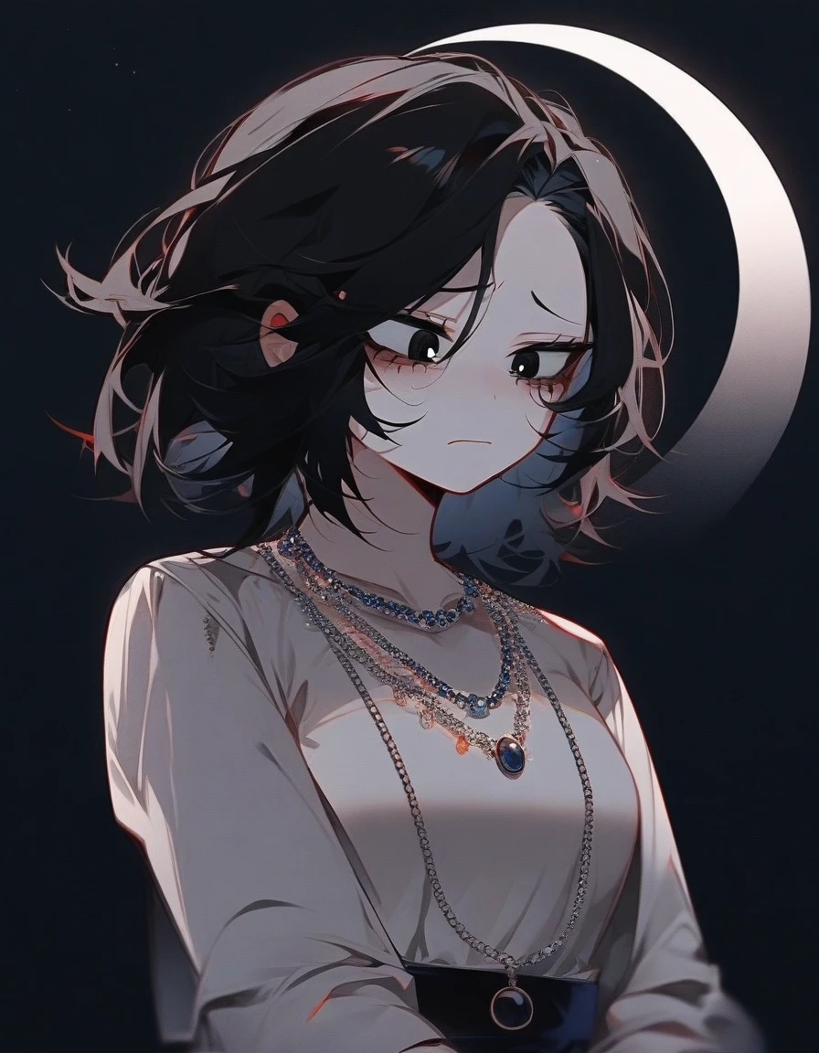 One girl, famale focus, boku no hero academia, with dark circles , mysterious ,ingenious , elegant heroin tack , black hair large , so beautiful, necklace moon ,sad