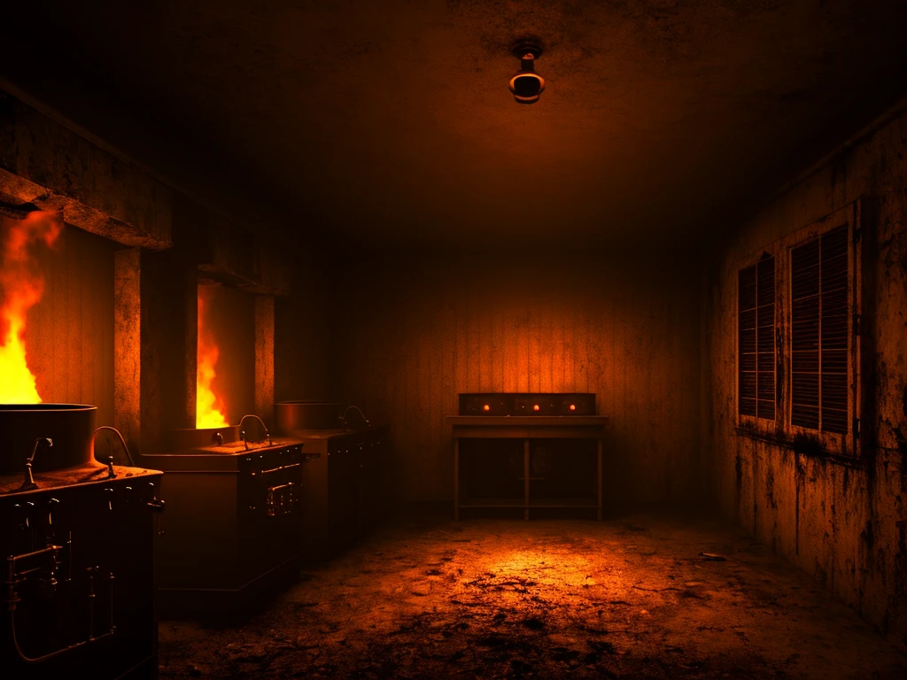 horror creepy boiler room, no lights, hyper realistic, horror, dark background, dark atmosphere, horror lighting, detailed, cinematic lighting