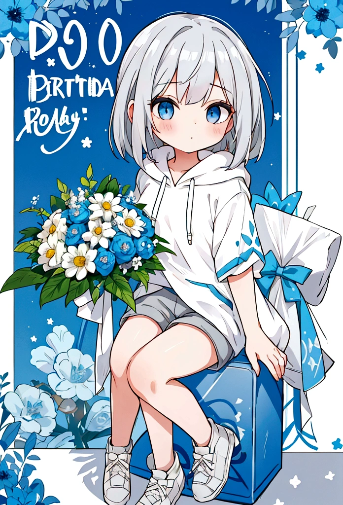 girl,Silver Hair,blue eyes,Bob,birthday,whole body,White hoodie,Grey shorts,bouquet