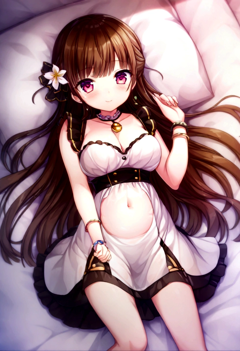 (2 young girls with long hair, Beautiful face and eyes, pink eyes, Charming smile, (Maid cafe costume with frilly breasts and wide open breasts, Pleated mini skirt:1.5), (Daikai Maid Cafe Costume:1.2), Sexy transparent underwear and panties, Miniskirt turned inside out、Underwear half exposed、Show belly button、 Extra large breasts、(very pretty girl), With pendants and bracelets、brown hair, Fashion hair accessories quality:1.4), (Extremely detailed), (Extremely detailed CG unified 8k wallpaper), Very detailed, High-resolution original color photos, Professional photography, Depth of Field, (Lie flat on your bed)
