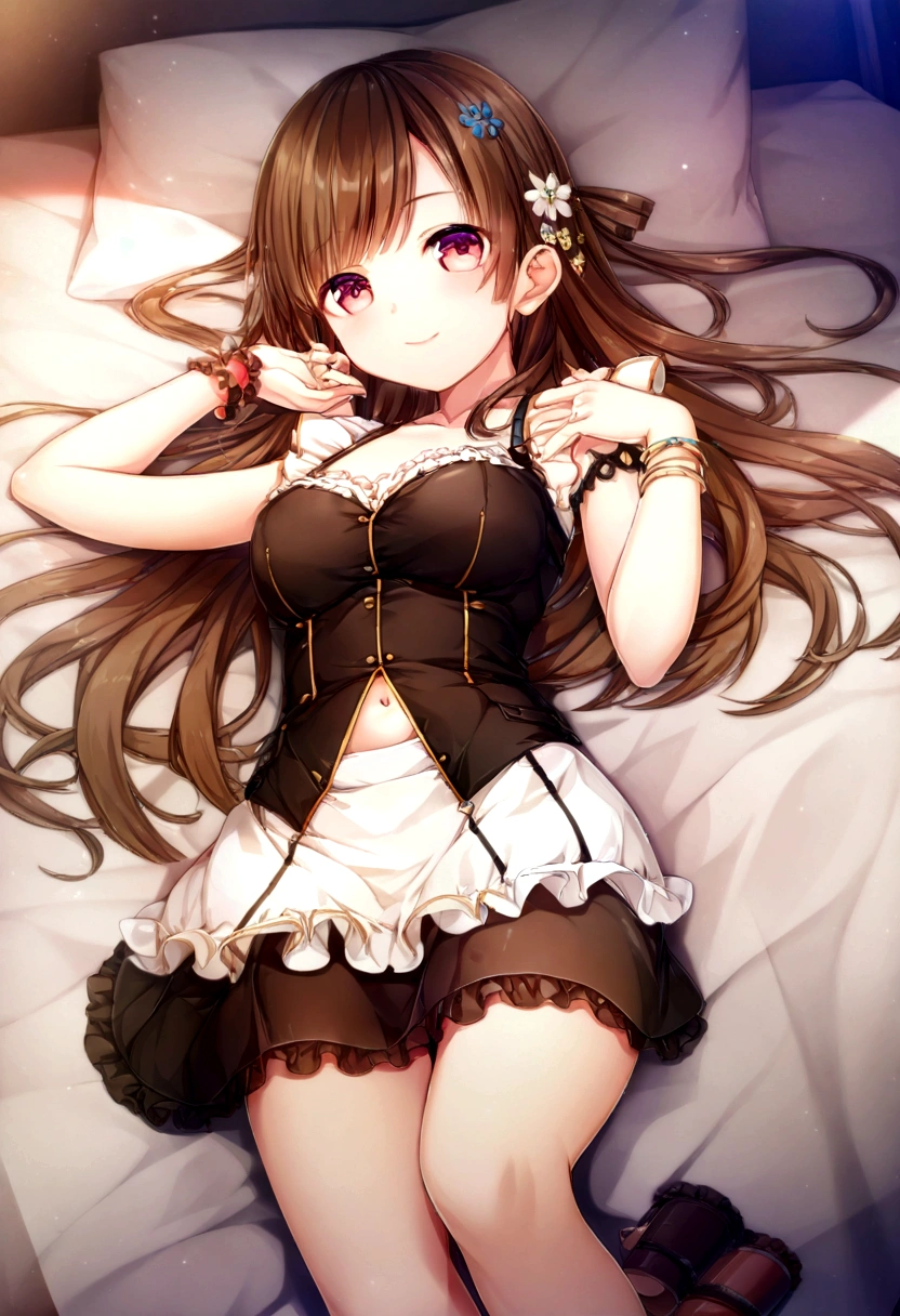 (2 young girls with long hair, Beautiful face and eyes, pink eyes, Charming smile, (Maid cafe costume with frilly breasts and wide open breasts, Pleated mini skirt:1.5), (Daikai Maid Cafe Costume:1.2), Sexy transparent underwear and panties, Miniskirt turned inside out、Underwear half exposed、Show belly button、 Extra large breasts、(very pretty girl), With pendants and bracelets、brown hair, Fashion hair accessories quality:1.4), (Extremely detailed), (Extremely detailed CG unified 8k wallpaper), Very detailed, High-resolution original color photos, Professional photography, Depth of Field, (Lie flat on your bed)