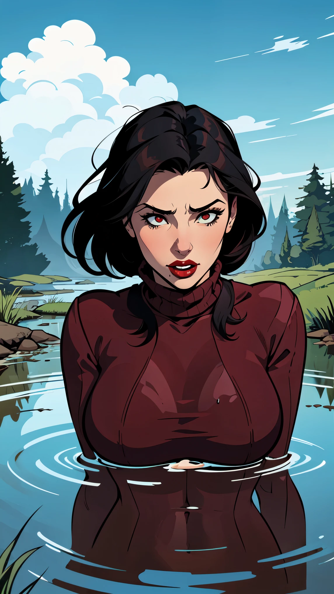 (vector:1.2), woman, gloomy orgasm, turtleneck and jeans, offers herself, drowning in the middle of quicksand bog, green,red,sky, red lips, turns around,