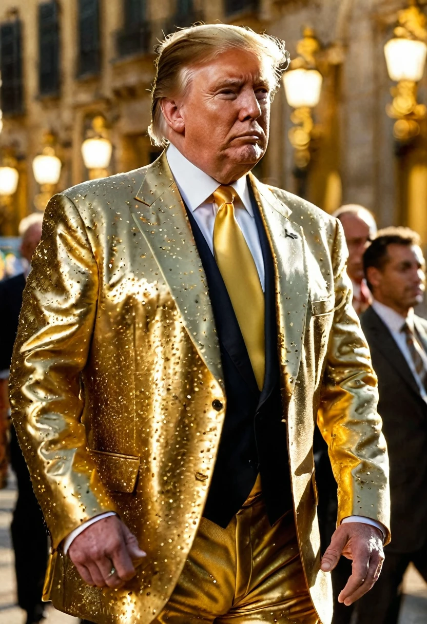 dynamic masterpiece epic cinematic scene,melhor qualidade,hiper detalhado,ultra detalhado,
Trump was wearing a gold suit and had one hand in his pocket.,pele verdadeira,terno dourado ral-bling,fundo da bandeira dos EUA,tiro na cintura,Bokeh,Rambrandt Lighting, em movimento. high budget action movie main theme. Foto CRU, desfoque de movimento. melhor qualidade, high resolution