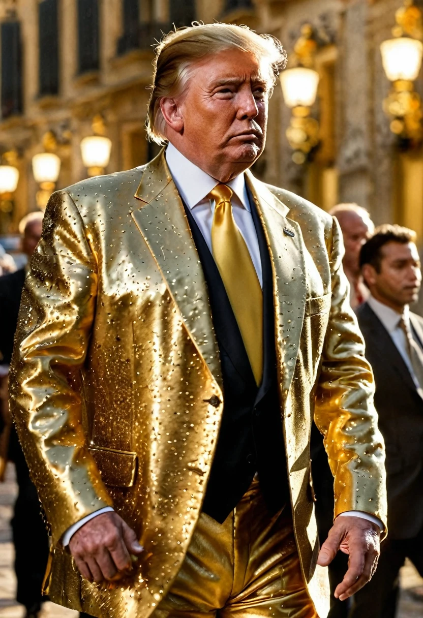 dynamic masterpiece epic cinematic scene,melhor qualidade,hiper detalhado,ultra detalhado,
Trump was wearing a gold suit and had one hand in his pocket.,pele verdadeira,terno dourado ral-bling,fundo da bandeira dos EUA,tiro na cintura,Bokeh,Rambrandt Lighting, em movimento. high budget action movie main theme. Foto CRU, desfoque de movimento. melhor qualidade, high resolution
