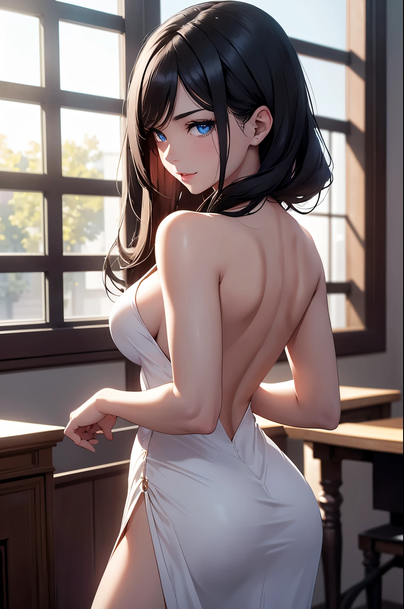 Ultra-Realistic 8K CG: A Masterpiece of a Stunning Teacher
In the confines of a classic classroom, bathed in the soft glow of cinematic light, a captivating woman takes center stage. With a perfect body that has been meticulously sculpted, she exudes an air of authority and allure. Her jet-black hair cascades down her back, framing a face adorned with delicate bone structure and blue eyes that sparkle with intelligence.
Her lips, a bold shade of red, curve into a slight, inviting smile, adding an irresistible charm to her alabaster complexion. Her dress, a simple yet elegant