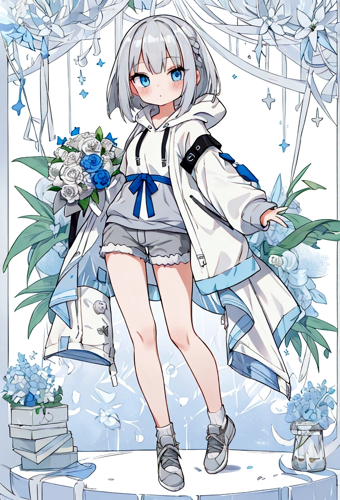 girl,Silver Hair,blue eyes,Bob,birthday,whole body,White hoodie,Grey shorts,bouquet