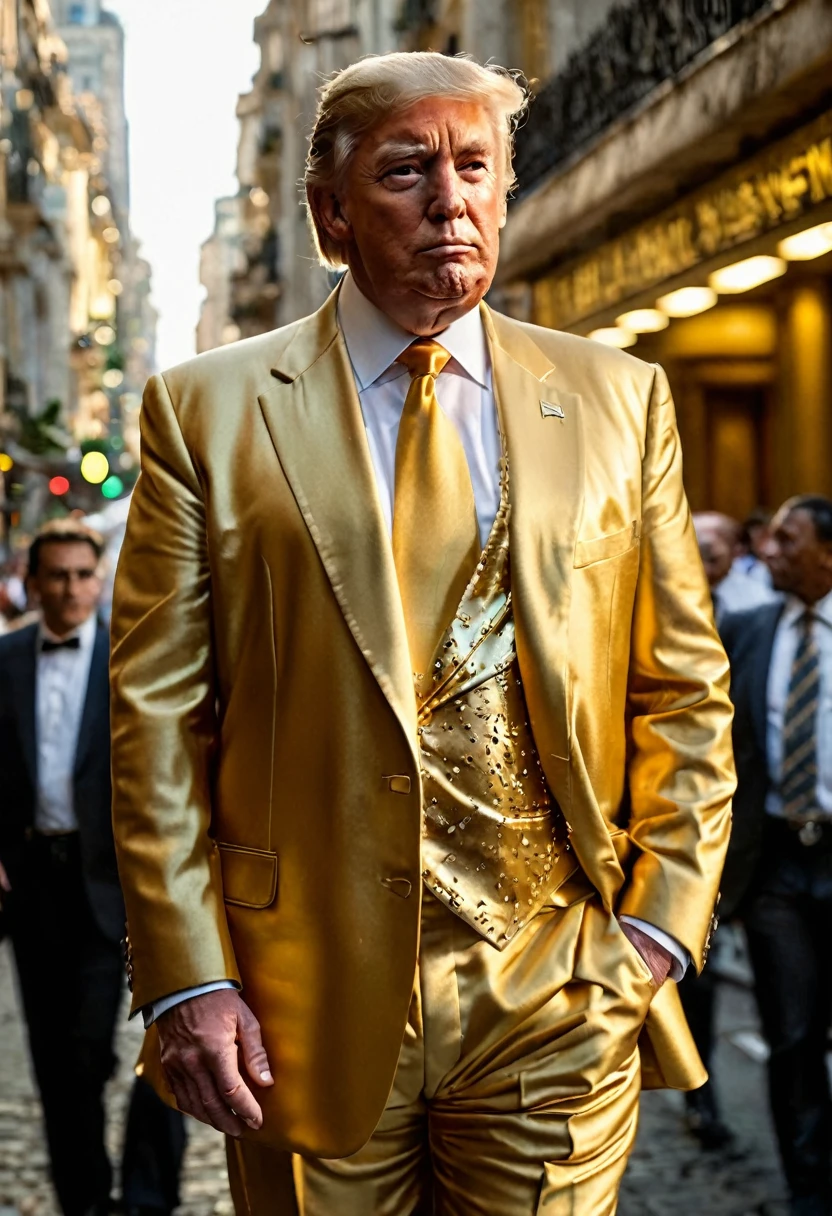 dynamic masterpiece epic cinematic scene,melhor qualidade,hiper detalhado,ultra detalhado,
Trump was wearing a gold suit and had one hand in his pocket.,pele verdadeira,terno dourado ral-bling,fundo da bandeira dos EUA,tiro na cintura,Bokeh,Rambrandt Lighting, em movimento. high budget action movie main theme. Foto CRU, desfoque de movimento. melhor qualidade, high resolution