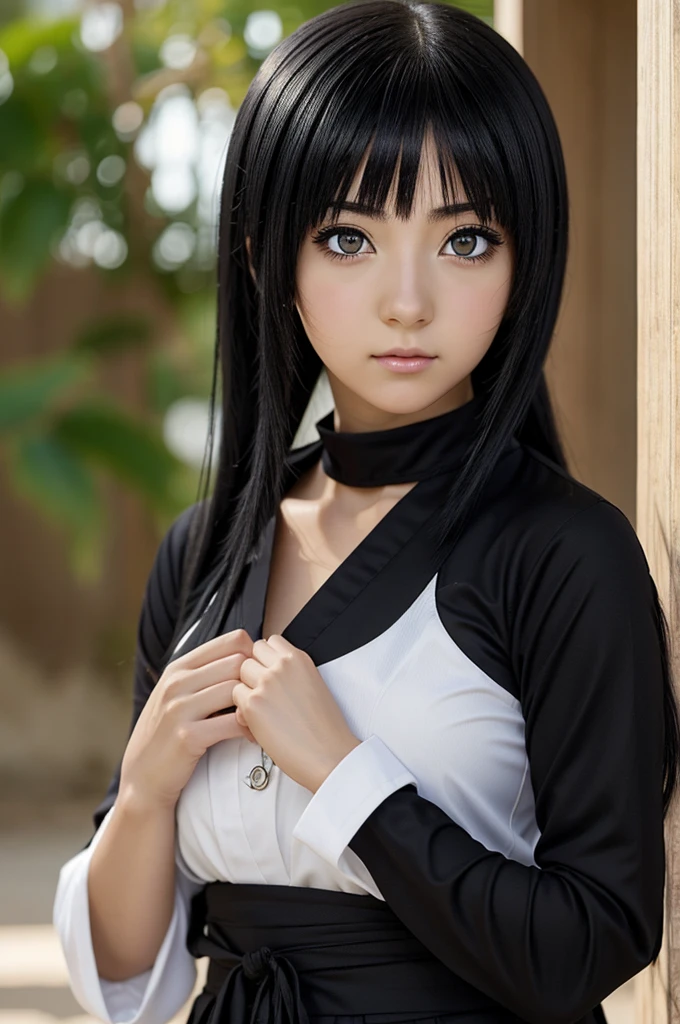 ((estilo anime)) girl Hinata Hyuga Genin, pupilas blancas, cabello corto y negro, rostro delgado tierno y ruborizado, expression of tenderness and shyness, uniforme ninja de konoha