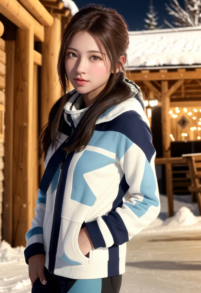 ((highest quality)), (high resolution), Realistic, masterpiece, 1 person, whole body, Japanese girl, age 18, cute, Black Hair, (blunt bangs), Snowfield, (A shy smile:1.2), Snowwear