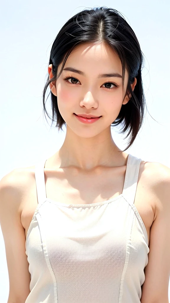 (1 woman:1.5)、Very short hair、Very small amount of hair、Forehead、Happy expression、A soft smile、(School Swimsuit),((Very sleepy、Improves skin texture, A big smile、Narrow eyes、I know the shape of your head))、(slicked back hair:1.25)、Photographic, Raw photo, Mastepiece, Highly detailed photos, Digital SLR, Photo-realistic 1.4, Super hello nothing, Best Quality,(standing、tilting your head、whole body:1.5)