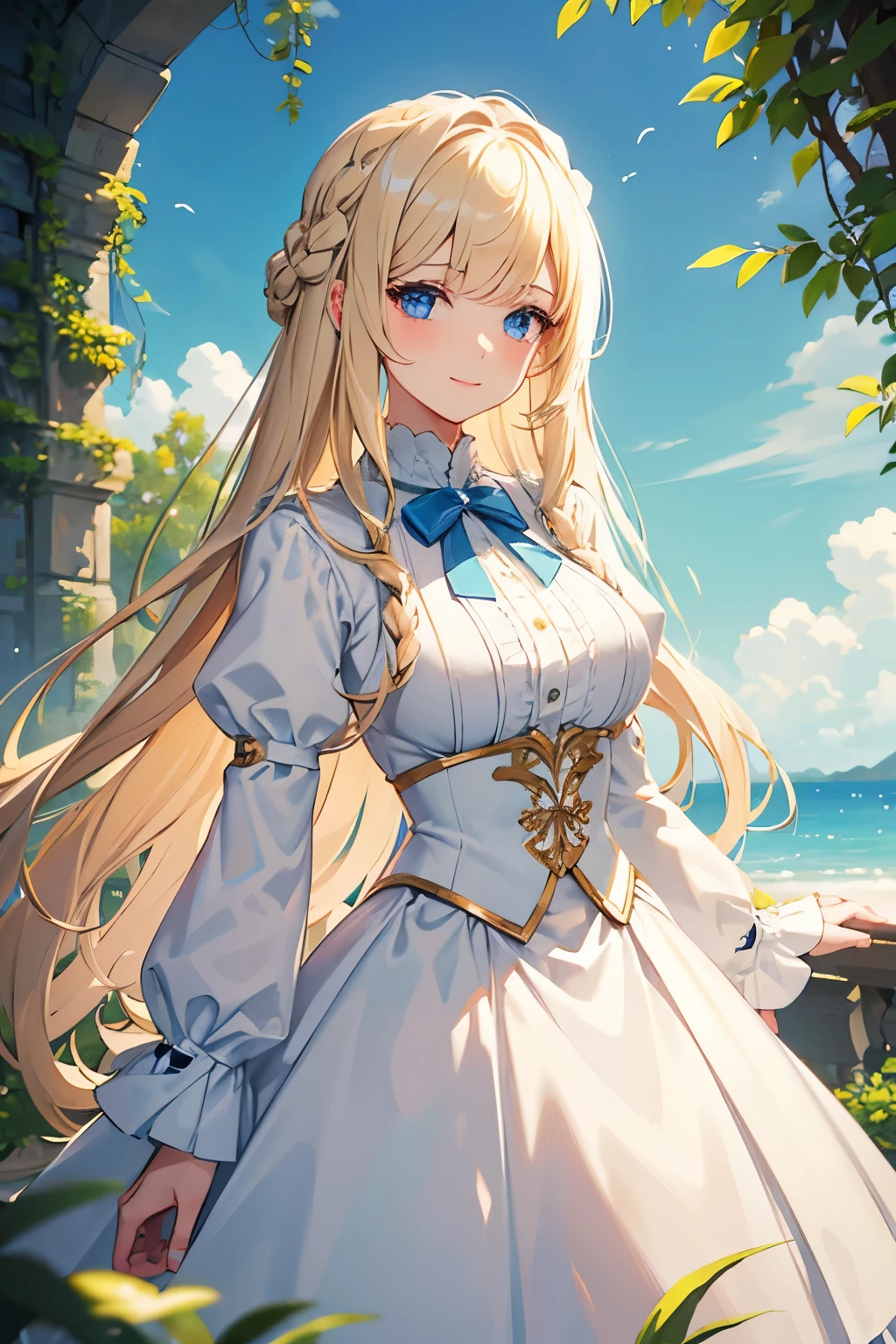  chic top, White skirt,, ultra detailed, masterpiece, best quality, aesthetic, detailed,, solo, soft smile, light smile,
1girl, blue eyes, very long hair, blonde hair, long blonde hair, french braid, bangs, medium breasts, vegetation. 