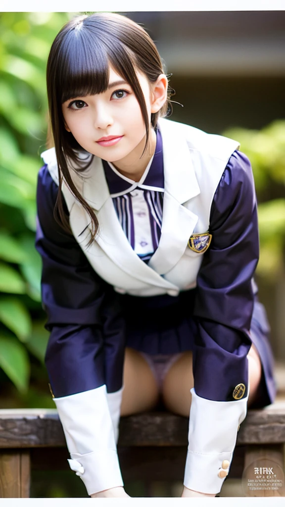 (Squat down and spread your legs wide:1.9、A girl showing off her white panties)、Front low angle:1.5、(White blazer uniform、White and purple pleated skirt)、((highest quality)), (Super detailed), (8k ),Raw color photography, Professional photography, Great face and eyes, Skinny、Model Style、Outdoor、Natural light:1.4、((Focus on panties))、(Light shines on panties)、Blonde Hair、Mesh Color、Small breasts:1.3、Earrings、Hands on cheeks、Thin thighs、smile、