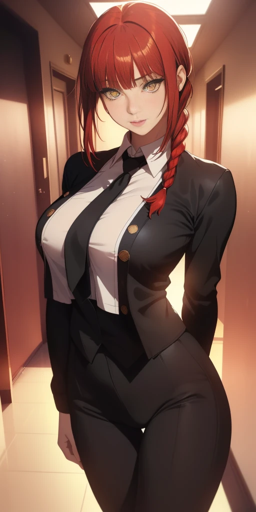 Medium and round breasts, she is a beautiful woman ((Makima)), (red hair, loose braid, with bangs and shine), double eyelids, yellow eyes, and detailed, hyper detailed, light effect on the eyes, detailed irises , sensual body, ((black suit, blouse, black pants, delicate, beautiful)) ((masterpiece, hyper realistic, hyper detailed, best quality, 16k, light and shadow on the skin, vivid colors) ), eyeliner , sensual expression, perfect lips, innocent and sexy face, ((skin with light and shadow), beautifully seductive and embarrassed woman, in love, all shy ((Makima is beautiful)), flirting with the viewer, beautiful, charming, ( pose of superiority, in the office hallway)