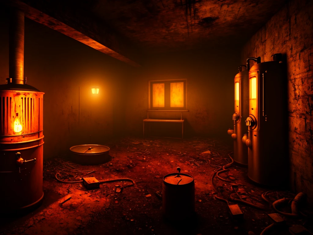 horror creepy boiler room, no lights, hyper realistic, horror, dark background, dark atmosphere, horror lighting, detailed, cinematic lighting