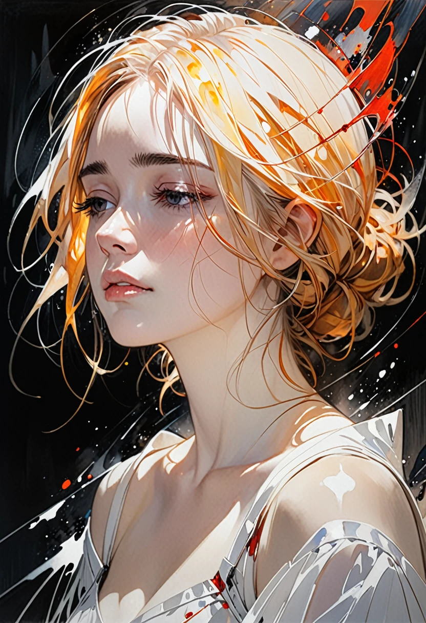 1 rei sentado no trono,(cabelos espalhados cobriam o rosto:1.2),a light shines from above,armadura preta coberta de sangue,pintora de Agnes Cecile, e atmosfera triste,
