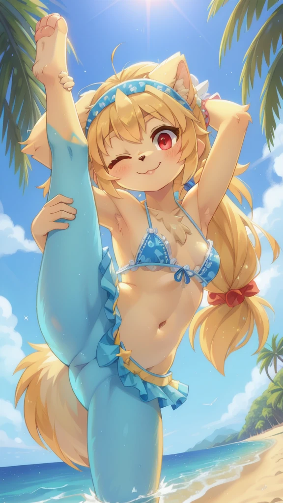 Furry girl, dog, cute hair, long ponytail, blonde hair, stars hairpin, red eyes, small breasts, detailed body fur, ((bright blue ruffled frilly bikini with yellow stars pattern, bright blue headband with lace, frilly ruffled mini skirt)), masterpiece, looking at you, two tone body fur, turquoise body fur, clear turquoise body fur, detailed face, big eyebrows, detailed eyes, detailed body, detailed hands, glistering body, shiny body, skinny, :3, floppy dog ears, detailed hands, (wink, one eye closed), beach, clear sky, standing one leg up, feets with three toes, 3 toes,