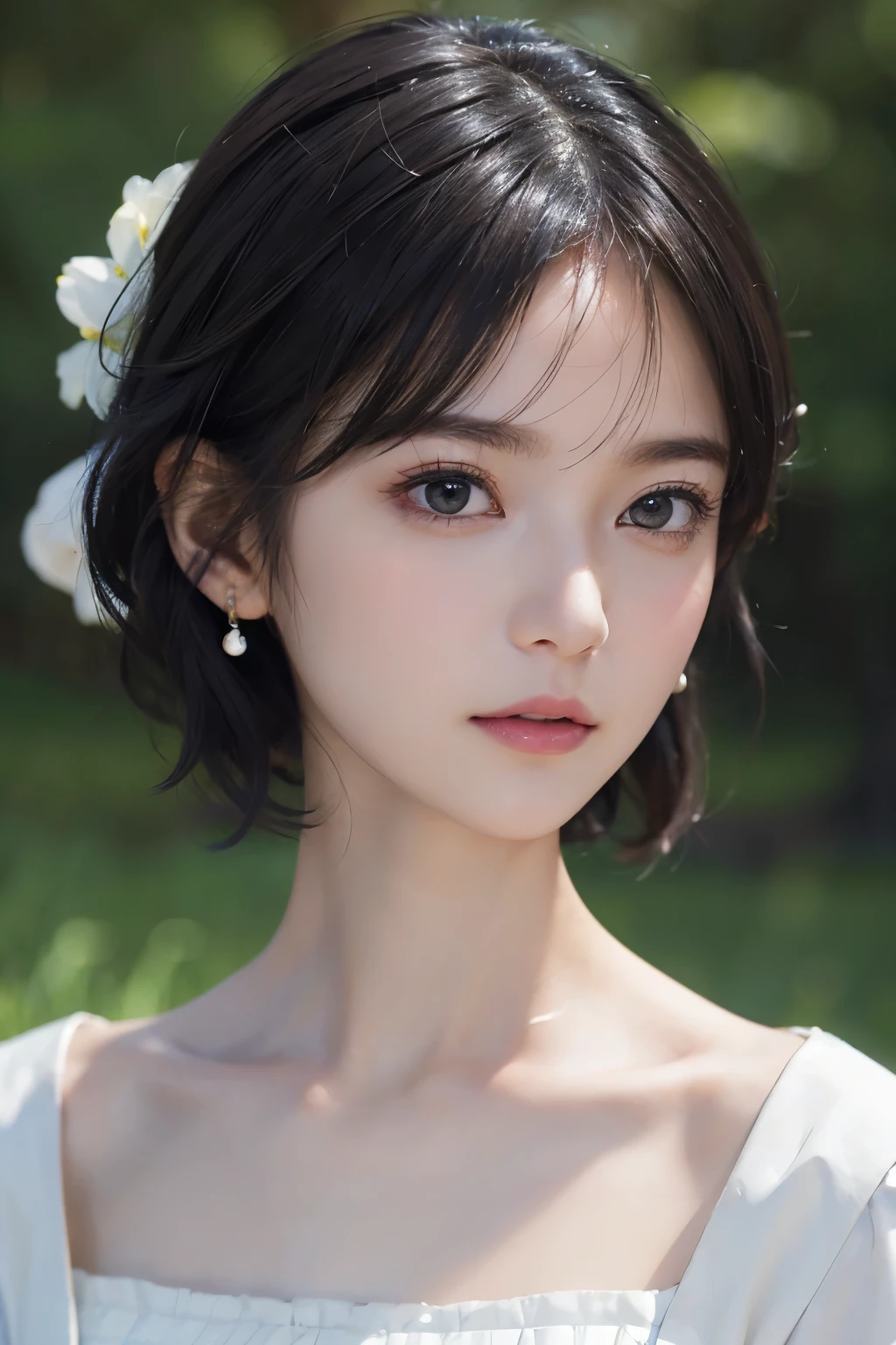 (((Black Short Hair))), (grassland), Seductive pose, 背景がgrassland、Image from chest up:1.6)、Close-up portrait of a woman wearing a white off-the-shoulder top dress and earrings, Soft portrait shot 8k, Nice delicate face, High-quality 4K portraits, High-quality portraits, Soft, perfect, pale skin, 8K Highly Detailed Face, なbeautiful繊細な顔, beautiful光の大きな目, Beautiful and realistic face, beautiful１４Old woman, Beautiful and realistic face, cute１４Old woman