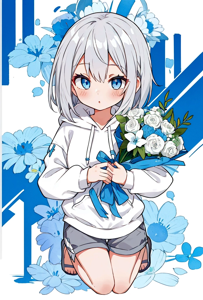 girl,Silver Hair,blue eyes,Bob,birthday,whole body,White hoodie,Grey shorts,bouquet