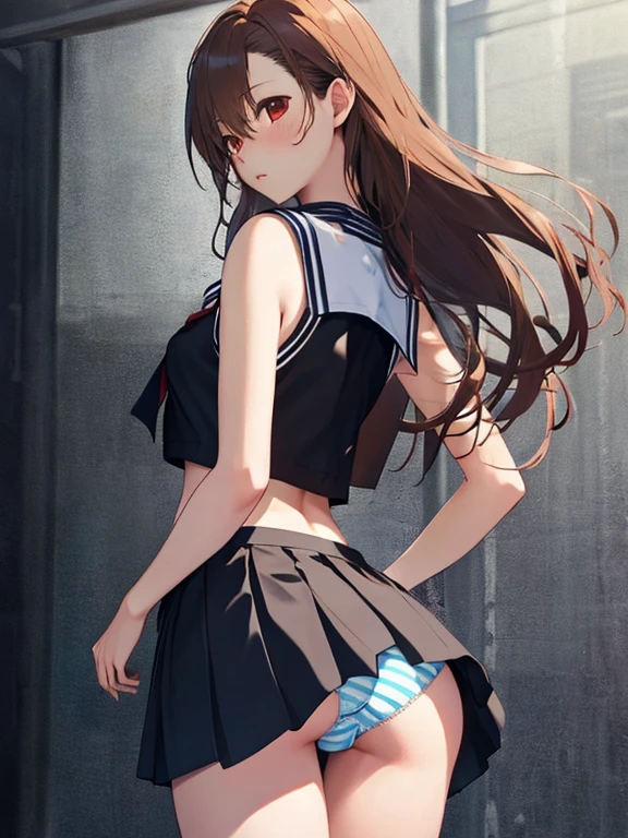 Misaka Mikoto、Back View, (Skirt flip、I can see her panties)、Sailor suit、UHD, retina, masterpiece, ccurate, anatomically correct, textured skin, super detail, high details, high quality, best quality, highres, 4K