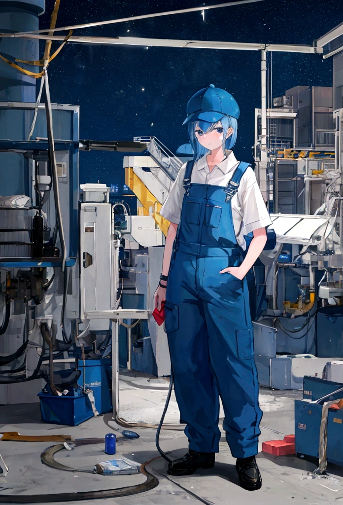 at night，Maintenance worker in blue overalls，Aircraft Maintenance，Boeing Aircraft
