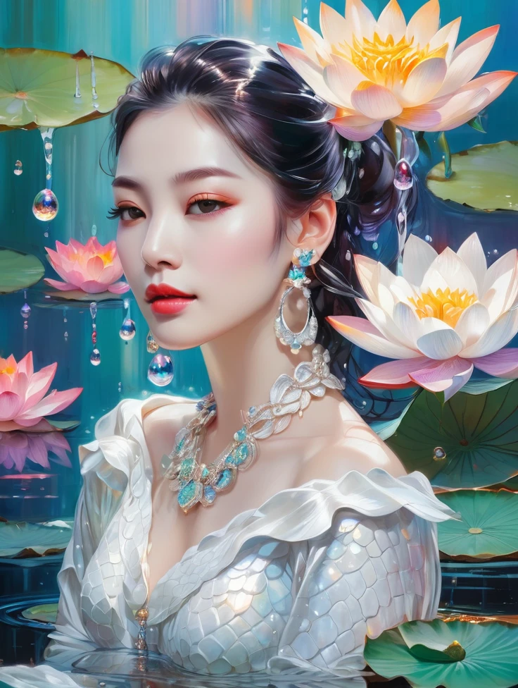 a pretty women, white crocodile, lake, lotus, Colorful colors, surrounded by water bubbles, in the style of Kawacy, Masterpiece, Oil painting drawn in realis style, head close - up, exaggerated perspective, Tyndall effect, water drops, mother - of - pearl iridescence, Holographic white,