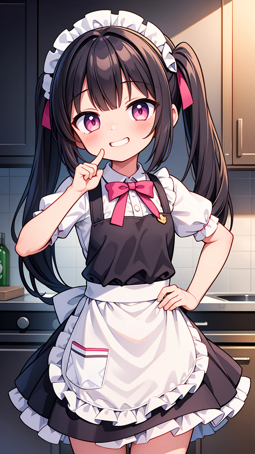 (8K, Highest image quality, highest quality, masterpiece), detailed face, (loli girl), (little loli curve) , black hair, short twintails, pink eyes, ((grin)), small breasts, naked apron, cowboy shot, put your hand on your mouth, kitchen background, ((very blushing)), ((detailed hands and fingers)), viewer perspective from below