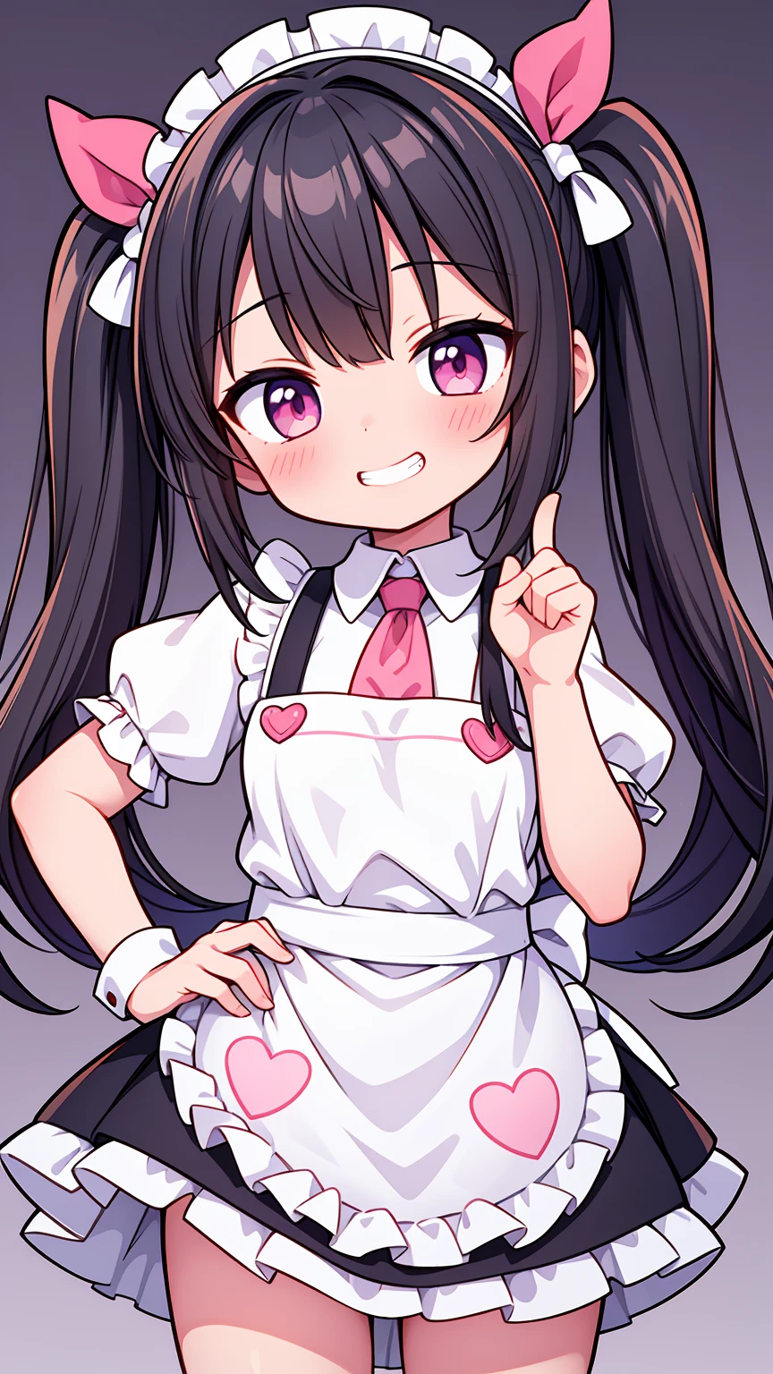 (8K, Highest image quality, highest quality, masterpiece), detailed face, (loli girl), (little loli curve) , black hair, short twintails, pink eyes, ((grin)), small breasts, naked apron, cowboy shot, put your hand on your mouth, kitchen background, ((very blushing)), ((detailed hands and fingers)), viewer perspective from below