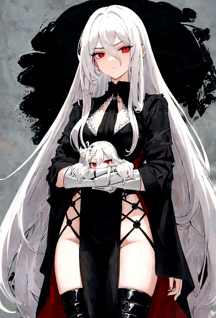 Girl, 20 years old, with long white hair down to below her waist, a serious yet tender expression, and red eyes. Her hair features black streaks. She wears antique-style clothing, a long black dress with a slit on the legs, and high black boots that almost reach her knees. Her power and background are related to shadows and darkness. dark escense, figth stance, detailed