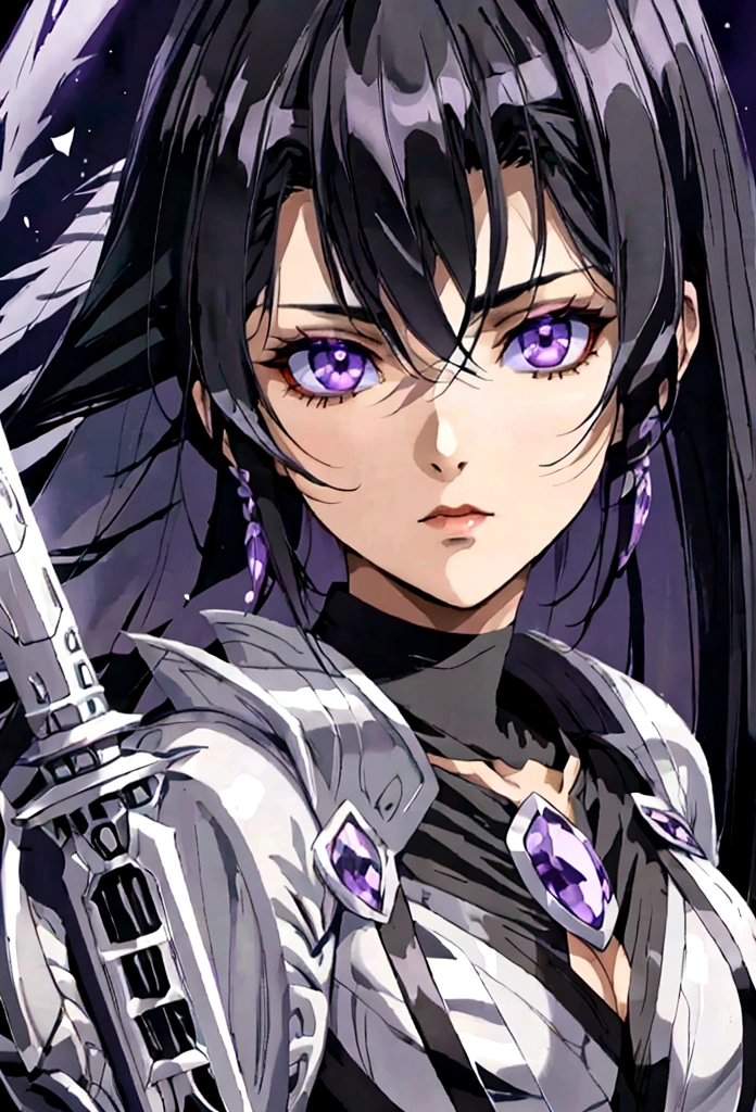 a woman with black hair and white streaks holding a large purple sword, detailed face and eyes, fantasy portrait, highly detailed, digital painting, cinematic lighting, dramatic colors, epic, masterpiece
