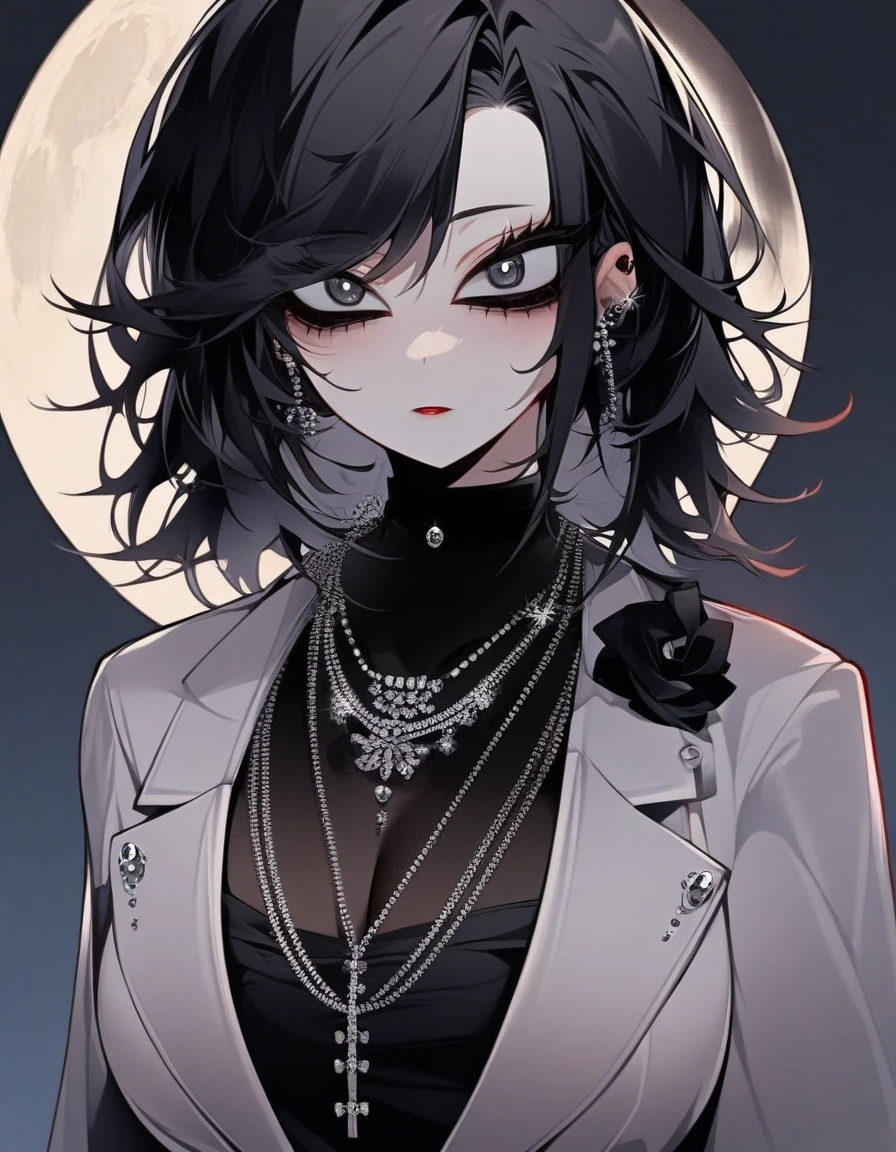 One girl, famale focus, boku no hero academia, with dark circles , mysterious ,ingenious , elegant ?????? tack , black hair large , so beautiful, necklace moon ,accompanied by bokugo katsuki