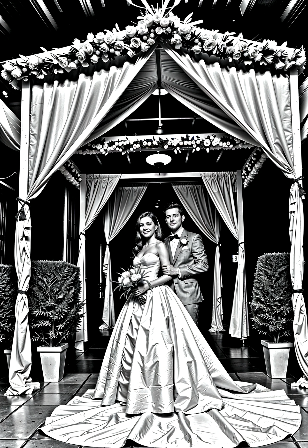 Country Wedding: Grey and white only, Book page coloring art. All-white background. Use only outlines, line art. Clean line art for coloring. Simple and clean line art, coloring book page. Perfect symmetric details. A joyful country wedding celebration with a bride and groom under a floral arch, guests in festive attire, tables set for a feast, and musicians playing lively tunes. make very light grey