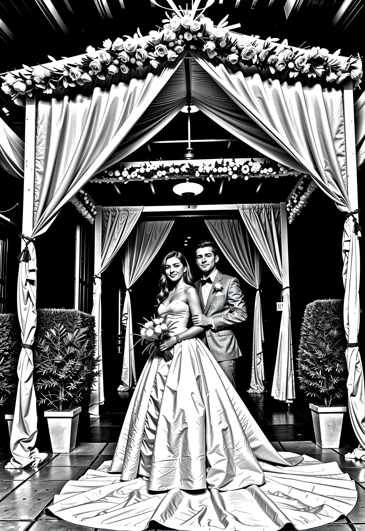 Country Wedding: Grey and white only, Book page coloring art. All-white background. Use only outlines, line art. Clean line art for coloring. Simple and clean line art, coloring book page. Perfect symmetric details. A joyful country wedding celebration with a bride and groom under a floral arch, guests in festive attire, tables set for a feast, and musicians playing lively tunes. make very light grey