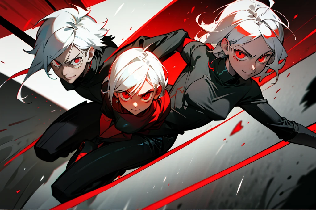 hight resolution,close range、Anime boy with white hair and red eyes staring at camera, Glowing red eyes,slim, dressed in a black outfit,Shadow Body,de pele branca,monochromes,hair messy,Aggressive smile、Diagonal angle