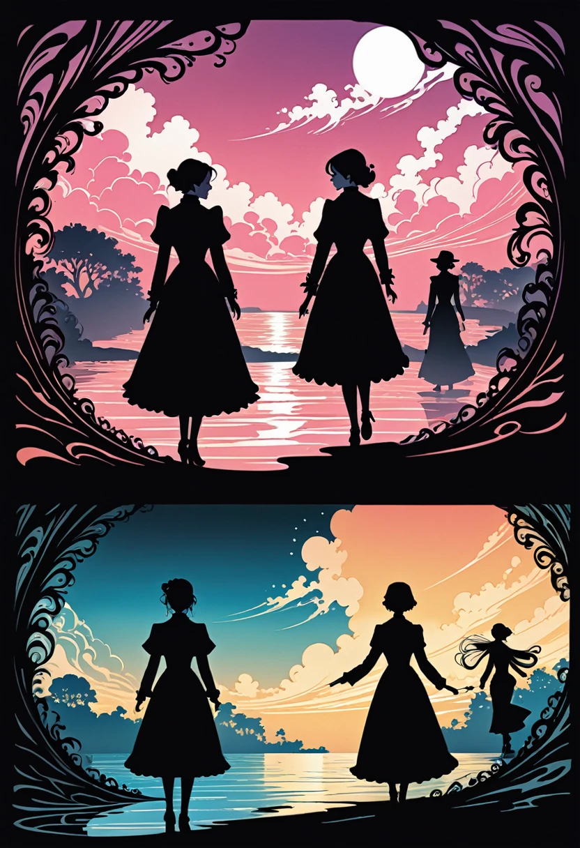 There are 3 girls, one blonde, one white with long black hair and one with short black hair. Fluorescent horizon, shadow art, Digital illustration, comic style, (magic swirl-style:0.8), (Victorian theme:1.1), dark color scheme, mysterious early 20th century Lovecraftian atmosphere.