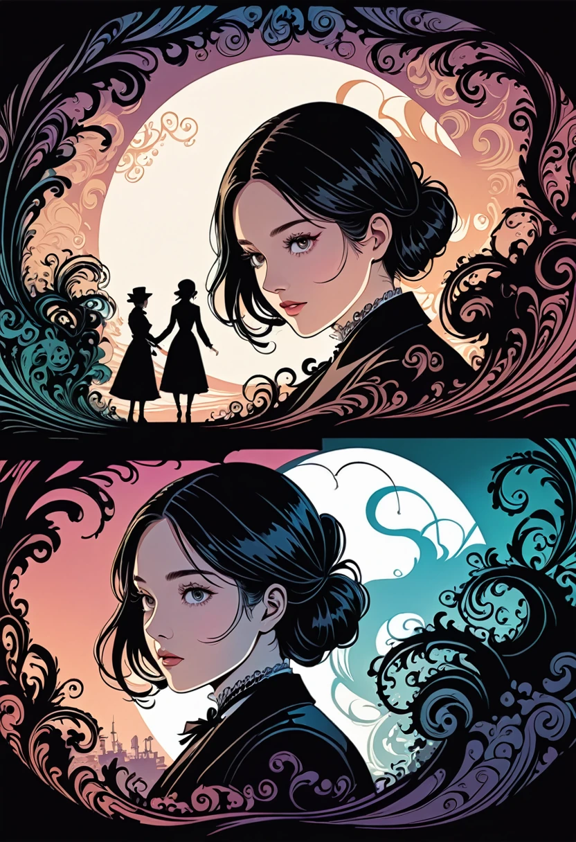 There are 3 girls, one blonde, one white with long black hair and one with short black hair. Fluorescent horizon, shadow art, Digital illustration, comic style, (magic swirl-style:0.8), (Victorian theme:1.1), dark color scheme, mysterious early 20th century Lovecraftian atmosphere.