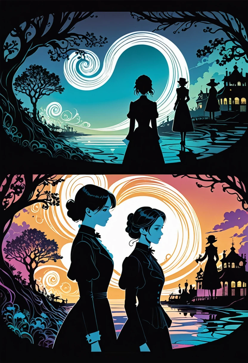 There are 3 girls, one blonde, one white with long black hair and one with short black hair. Fluorescent horizon, shadow art, Digital illustration, comic style, (magic swirl-style:0.8), (Victorian theme:1.1), dark color scheme, mysterious early 20th century Lovecraftian atmosphere.