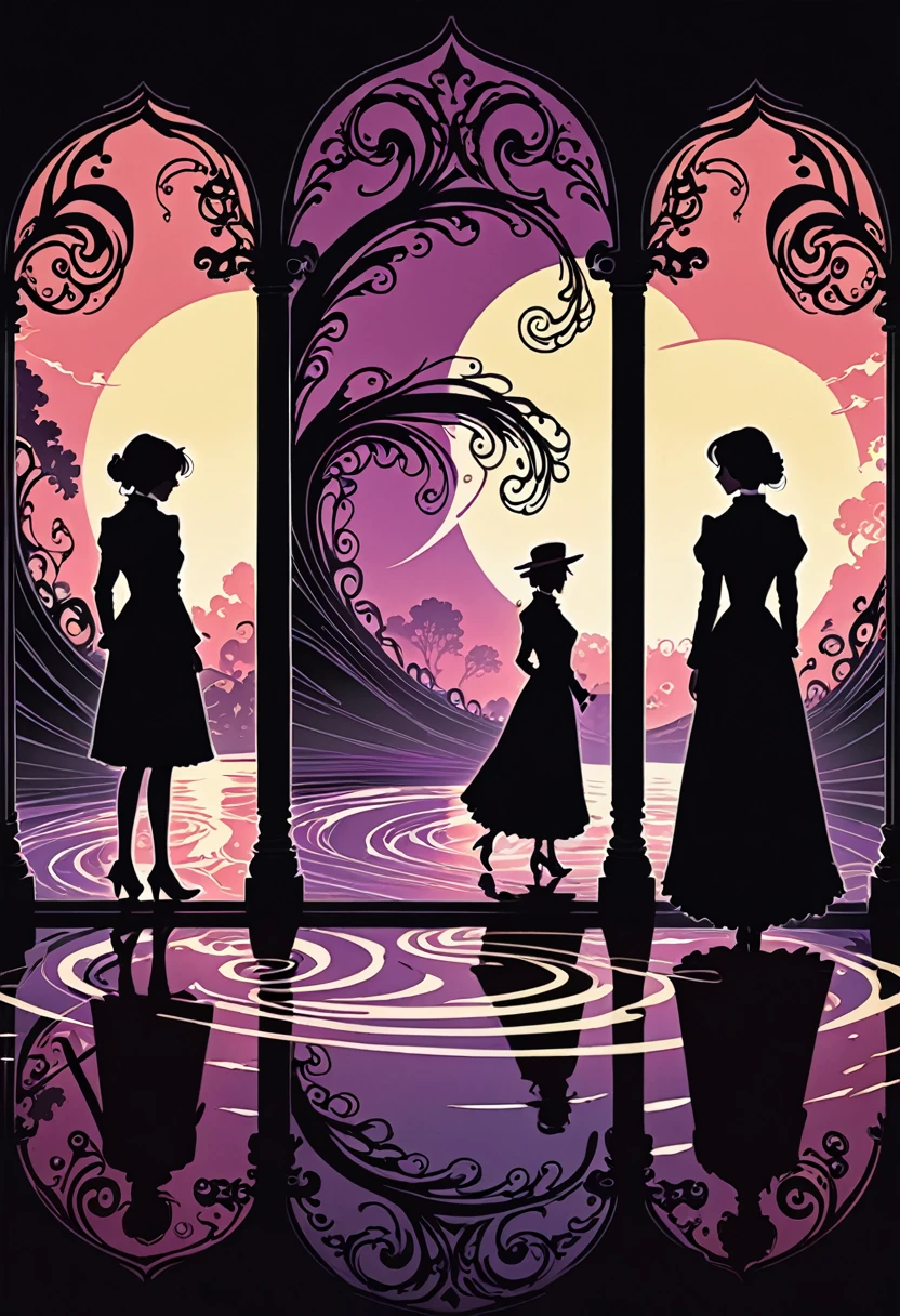 There are 3 girls, one blonde, one white with long black hair and one with short black hair. Fluorescent horizon, shadow art, Digital illustration, comic style, (magic swirl-style:0.8), (Victorian theme:1.1), dark color scheme, mysterious early 20th century Lovecraftian atmosphere.